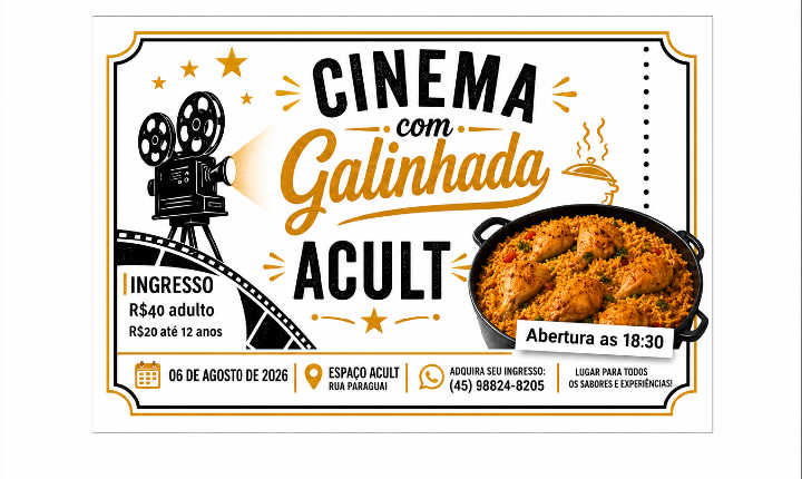 Cinema com Galinhada ACULT promete unir gastronomia, cultura e confraternização em Santa Helena