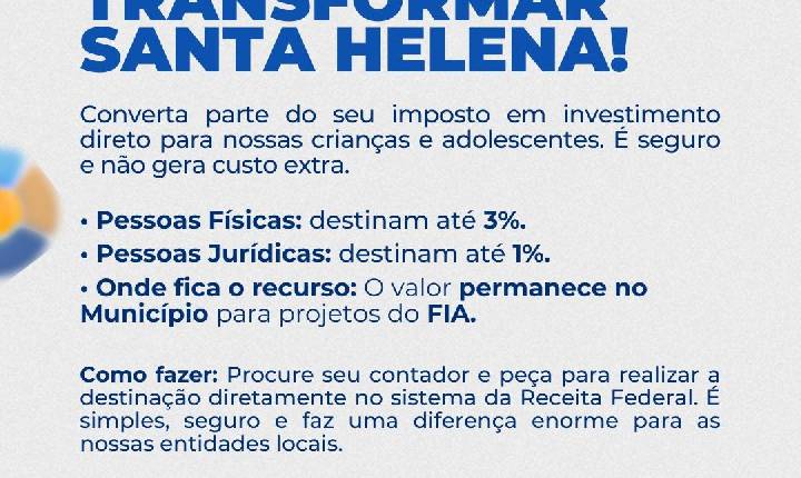 Imposto de Renda de contribuintes de Santa Helena pode ser destinado a projetos locais para crianças e adolescentes