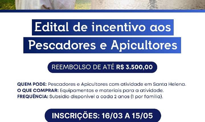 Santa Helena lança editais de incentivo para pescadores e apicultores profissionais