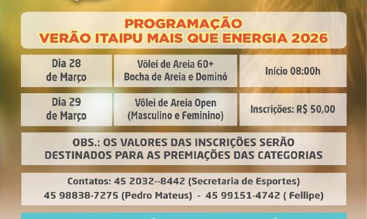 Verão Itaipu Mais Que Energia acontece nos dias 28 e 29 de março no Balneário Terra das Águas em Santa Helena