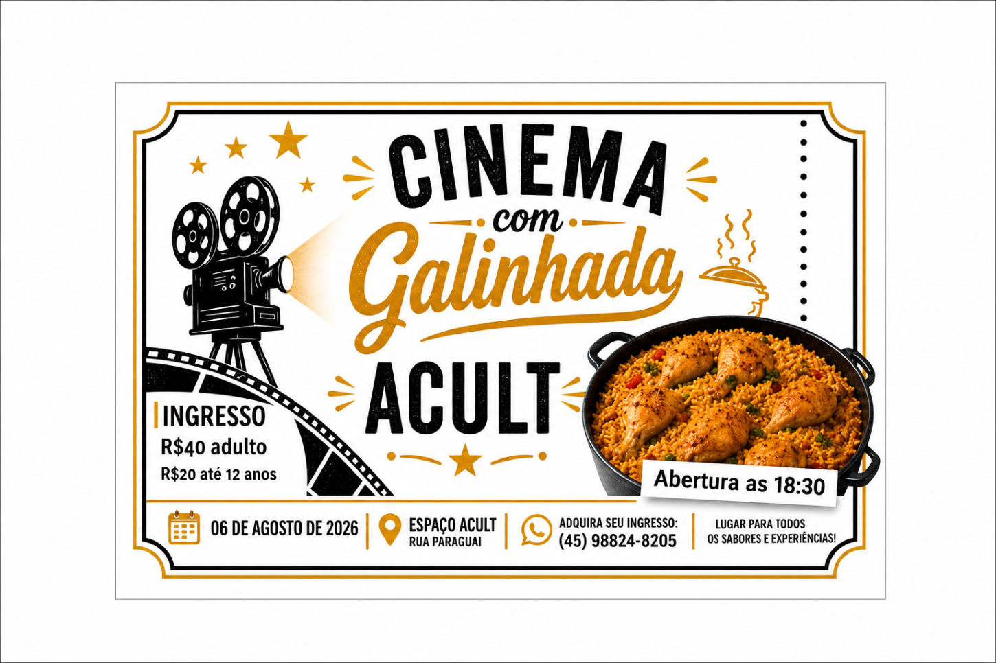 Cinema com Galinhada ACULT promete unir gastronomia, cultura e confraternização em Santa Helena